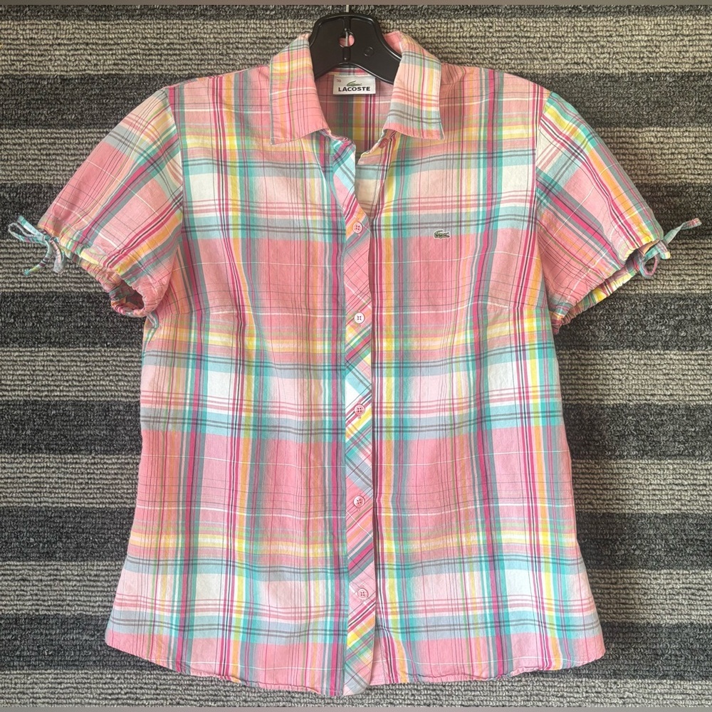 Lacoste Women’s Short Sleeve Plaid Button Up Blouse Size 38 Small EUC